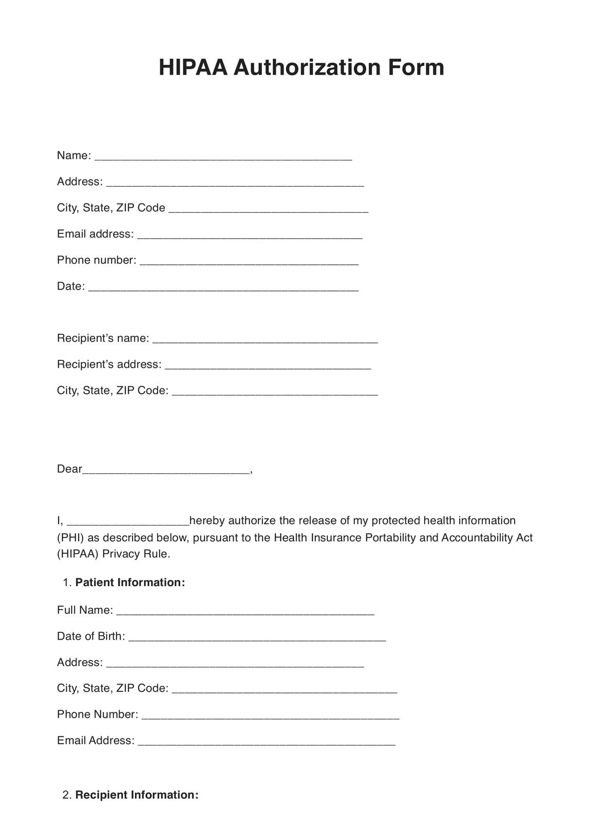 HIPAA Authorization Form PDF Example