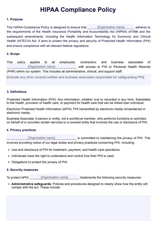 HIPAA Policy Template PDF Example