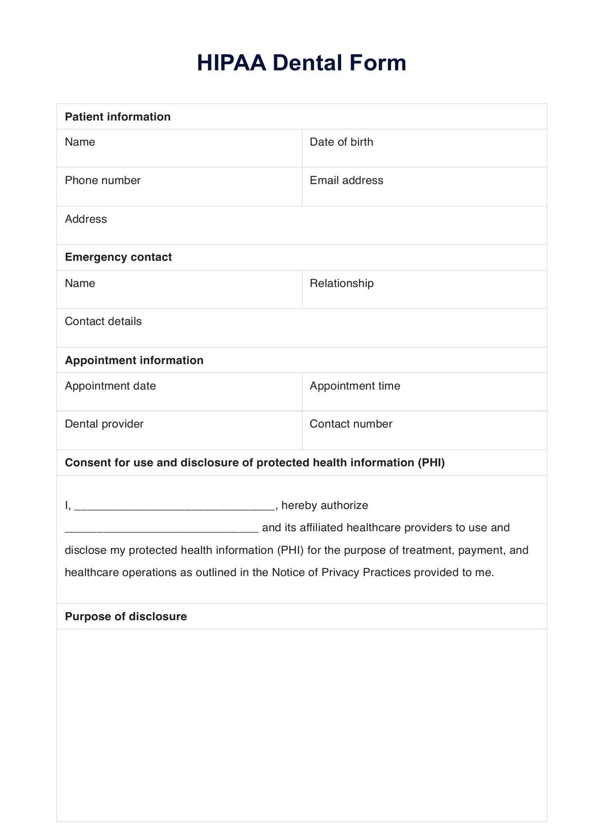 HIPAA Dental Form PDF Example