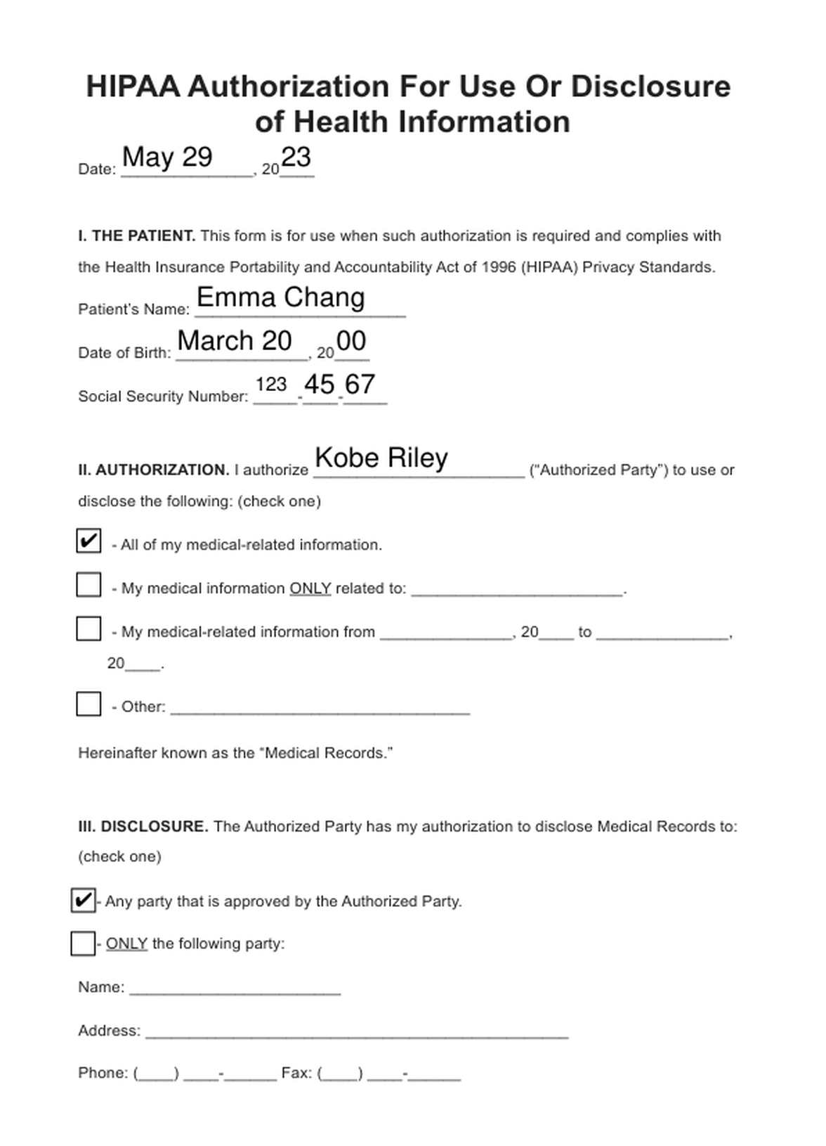 HIPAA Medical Release Form PDF Example