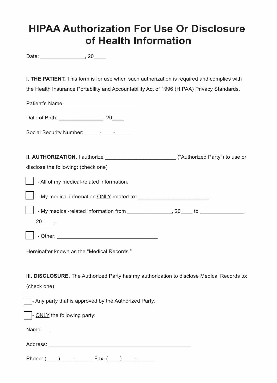 HIPAA Medical Release Form PDF Example