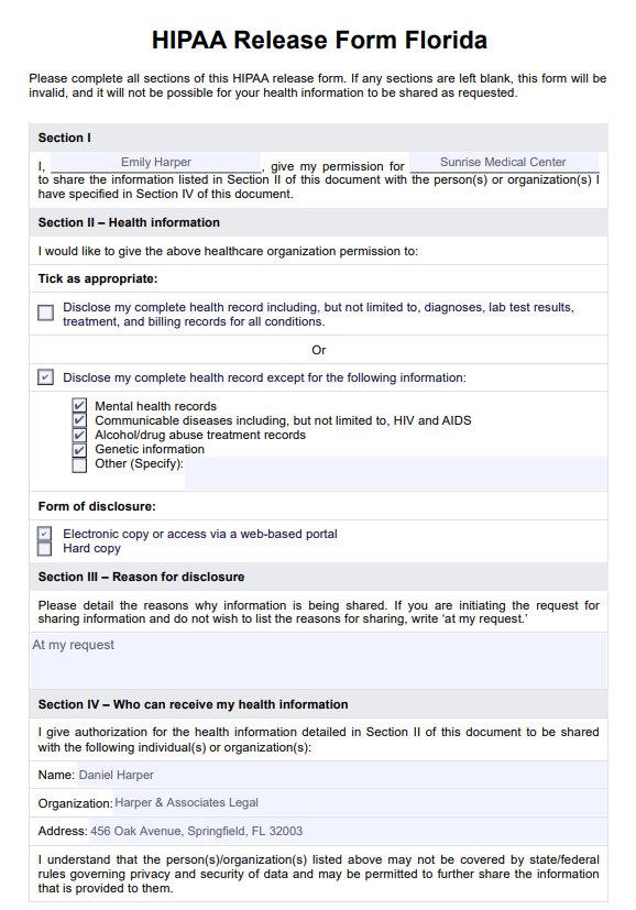 HIPAA Release Form Florida PDF Example