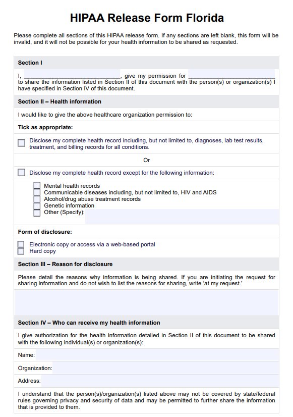 HIPAA Release Form Florida PDF Example