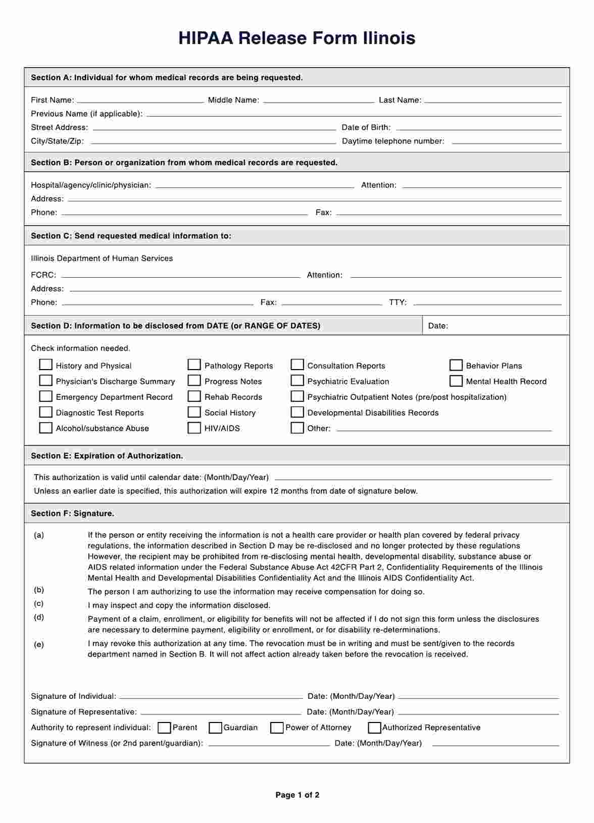 HIPAA Release Form Illinois PDF Example