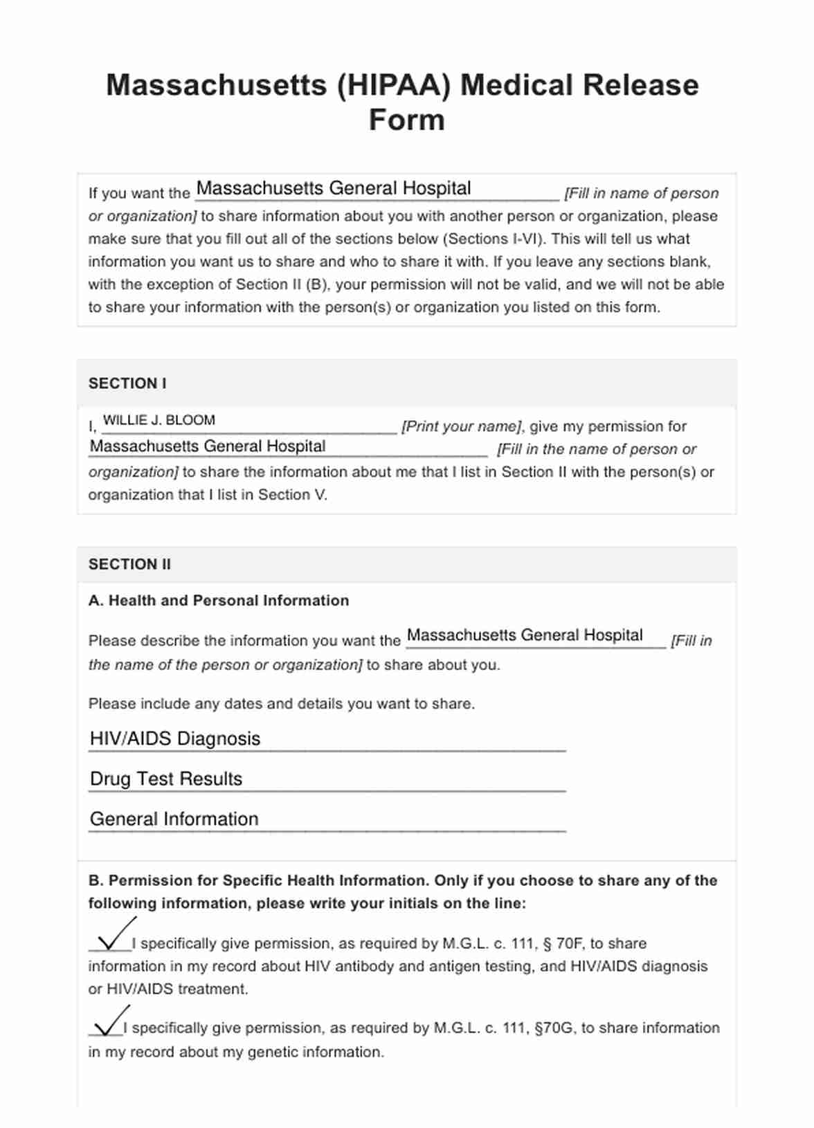 HIPAA Release Form Massachusetts PDF Example