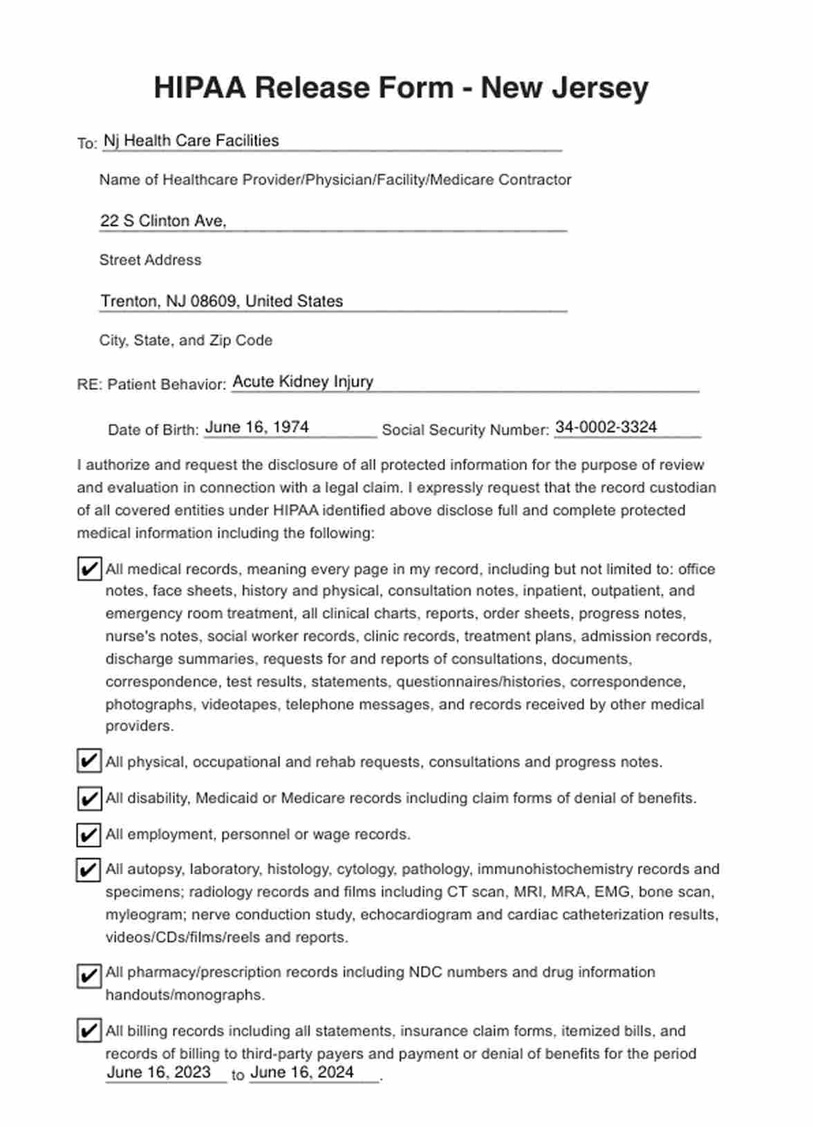 HIPAA Release Form New Jersey PDF Example