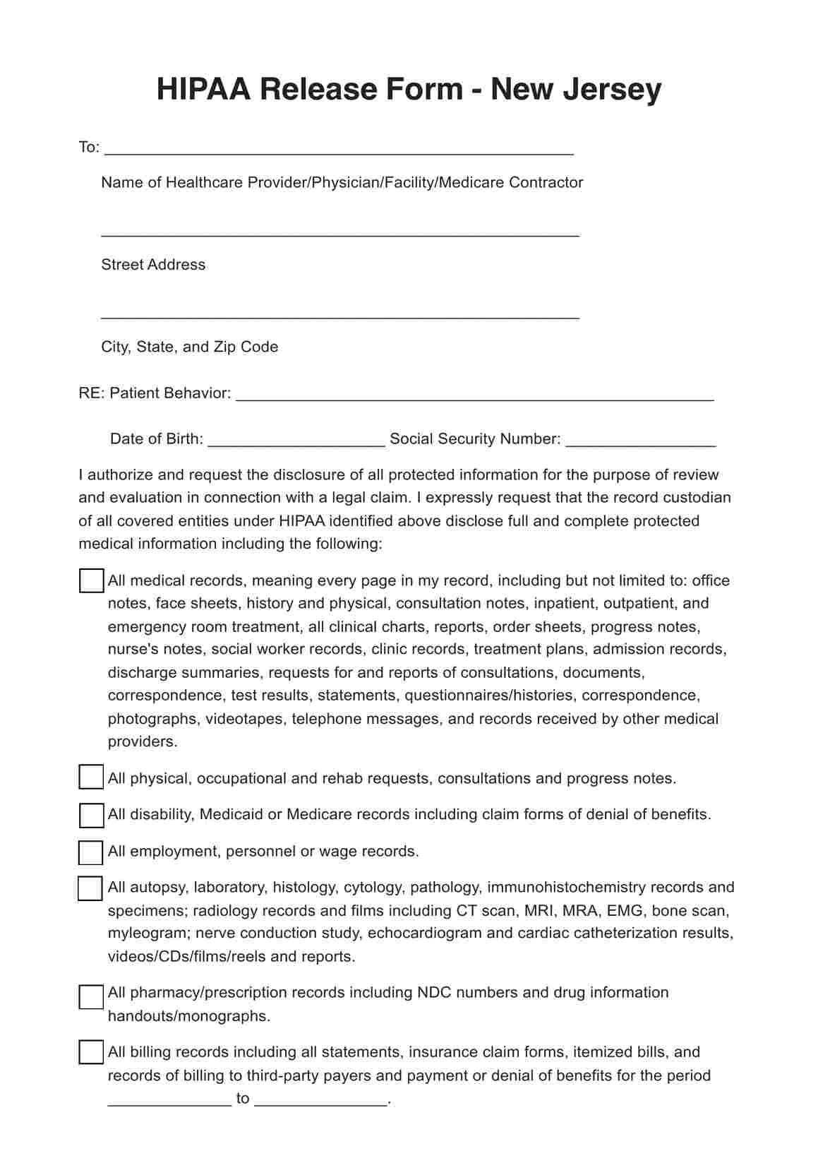 HIPAA Release Form New Jersey PDF Example