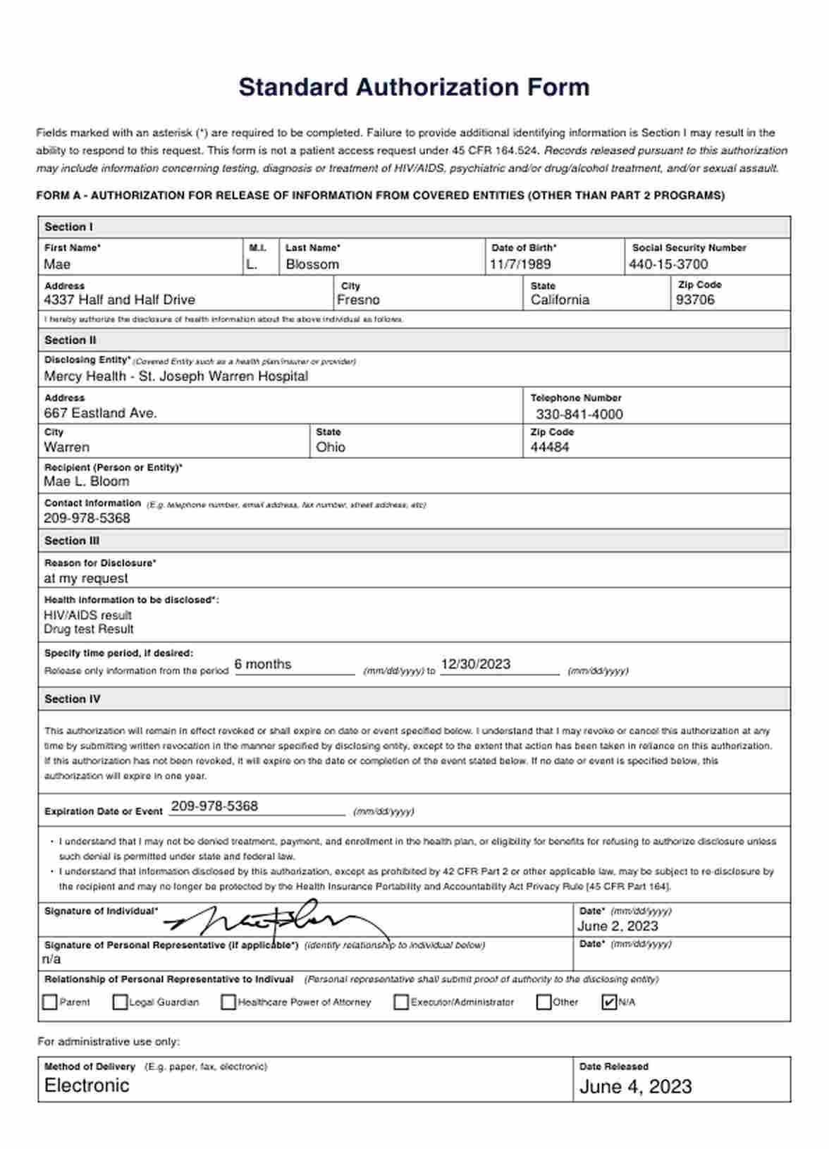 HIPAA Release Form Ohio PDF Example