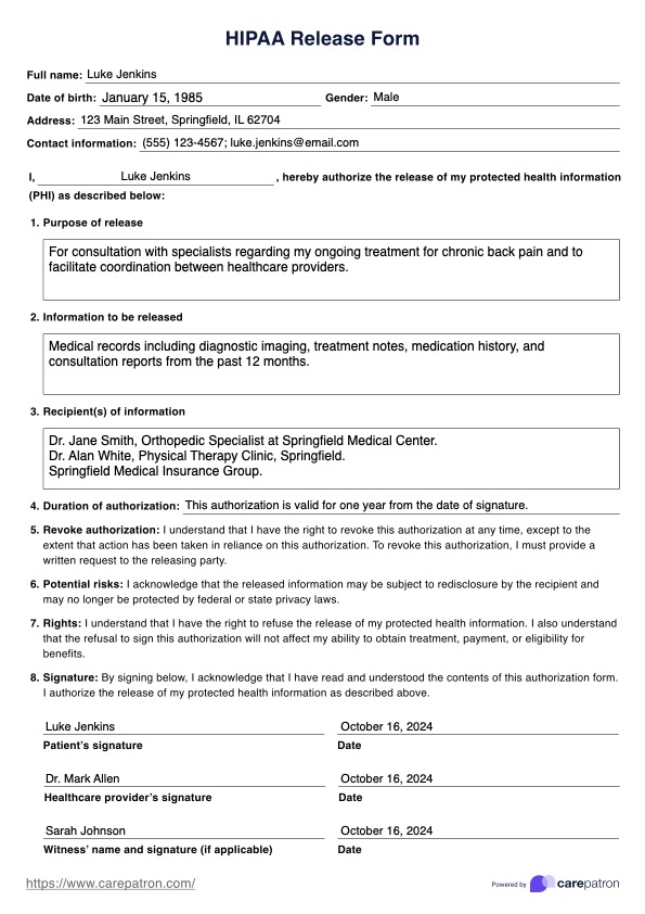 Formulário de divulgação da HIPAA PDF Example