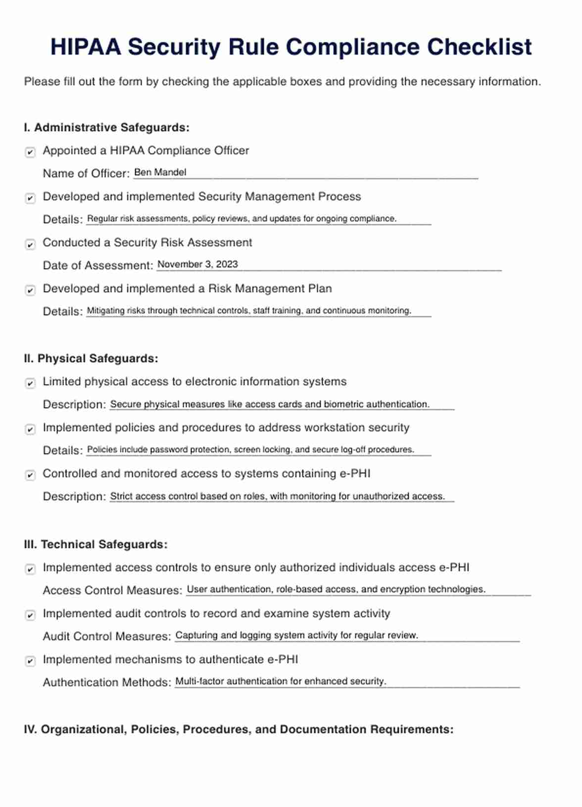 HIPAA Security Rule Checklist PDF Example