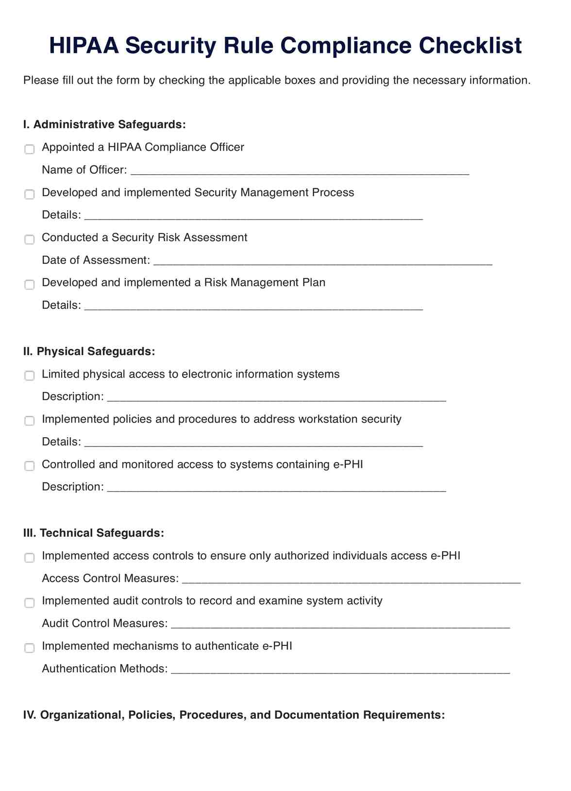 HIPAA Security Rule Checklist PDF Example