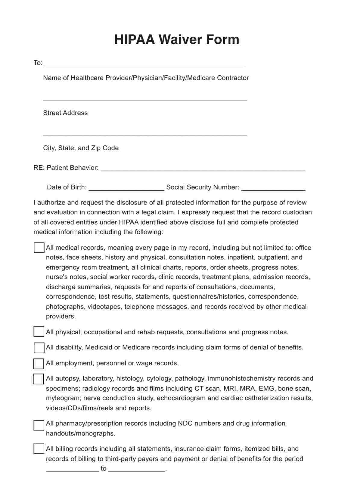HIPAA Waiver Forms PDF Example