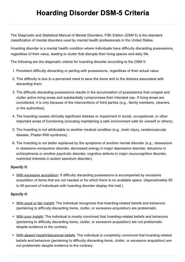 Hoarding Disorder DSM-5 Criteria PDF Example