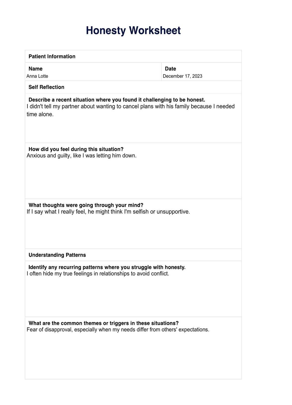 Honesty Worksheets PDF Example