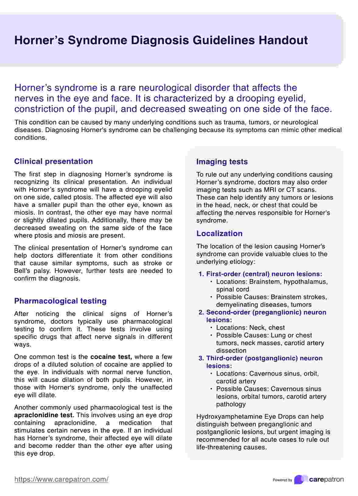Horner's Syndrome Diagnosis Guidelines Handout PDF Example
