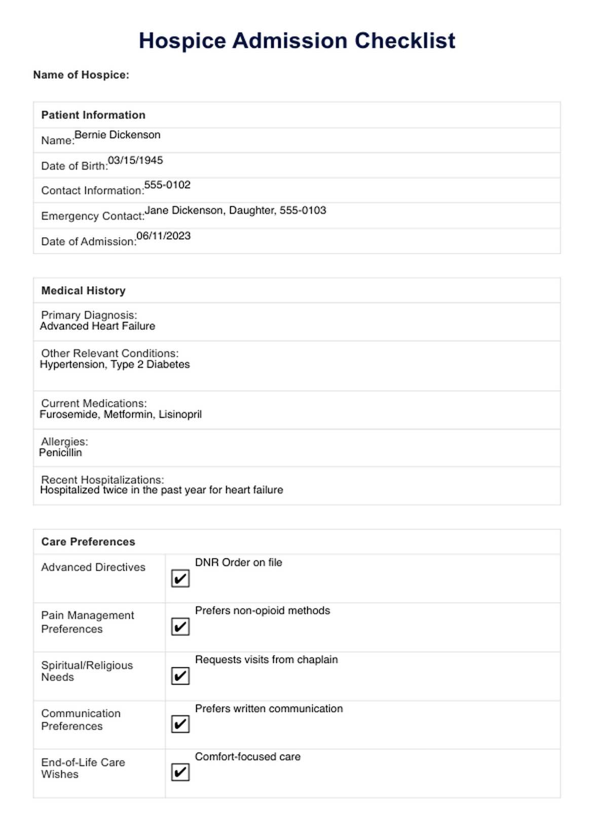 Hospice Admission Checklist PDF Example