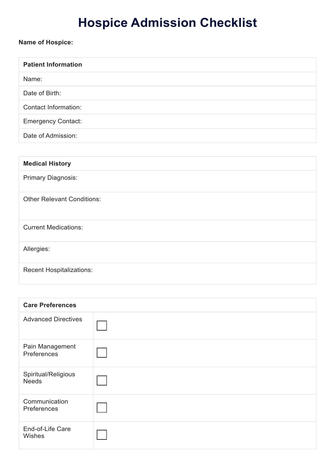 Hospice Admission Checklist PDF Example