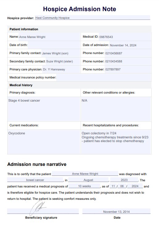 Hospice Admission Note Template PDF Example