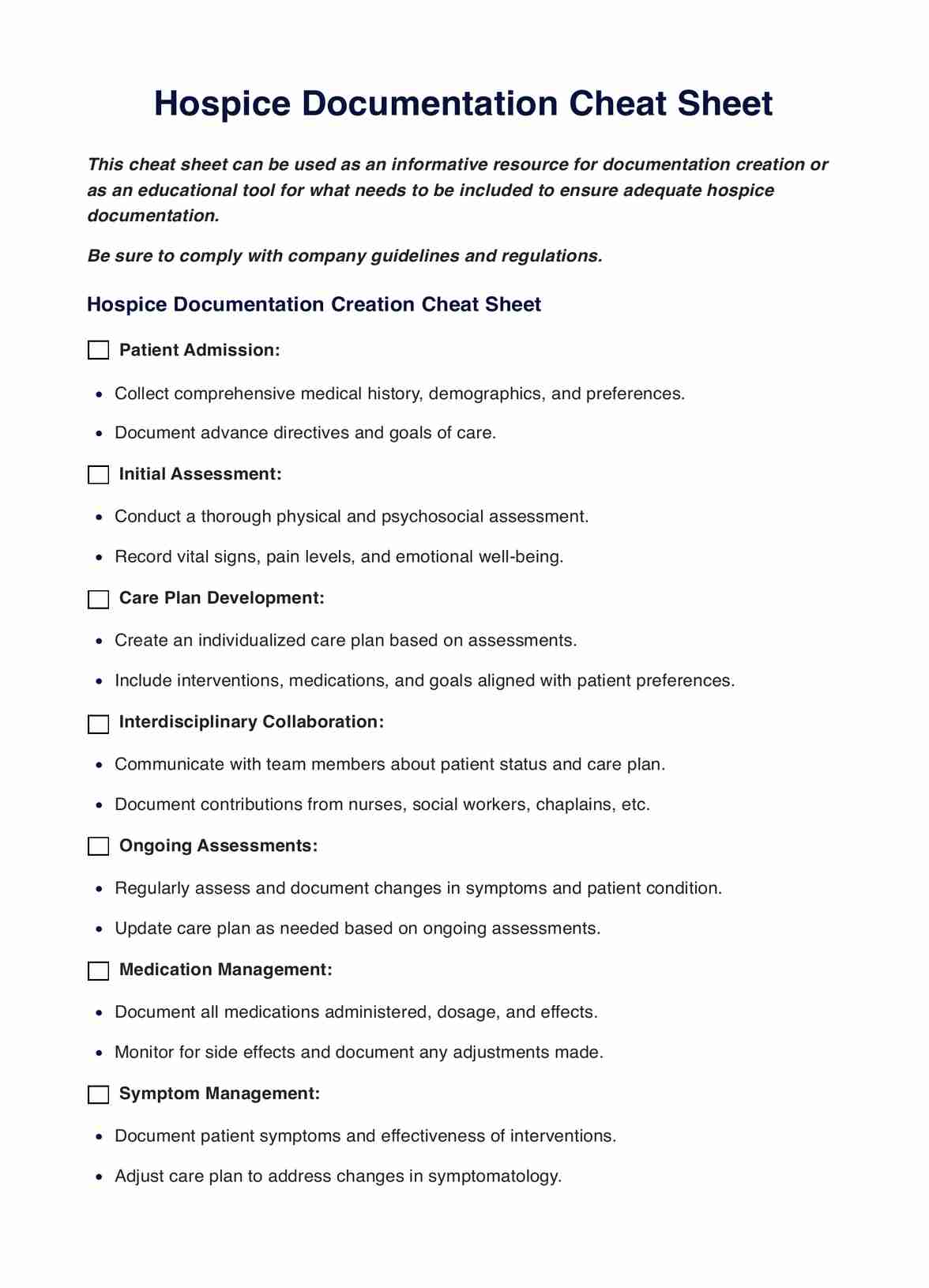 Cheat Sheet Hospice Documentation Template PDF Example