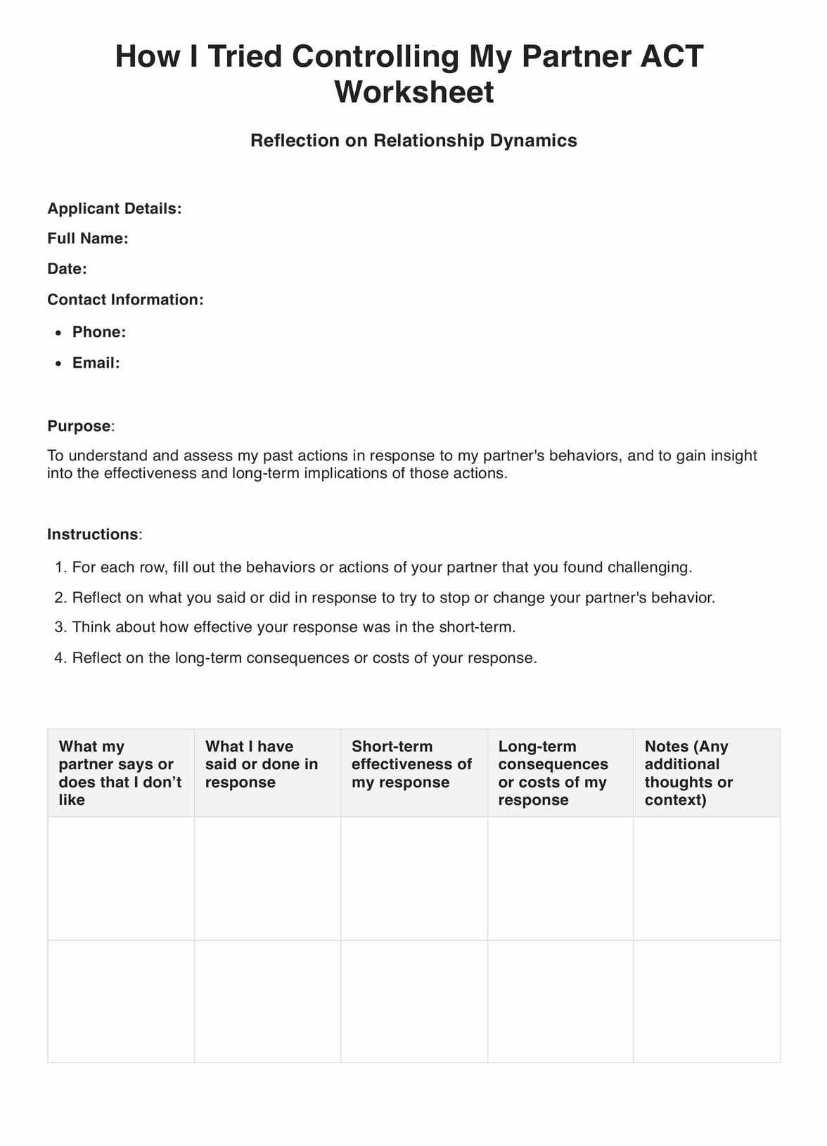 How I Tried Controlling My Partner ACT Worksheet PDF Example
