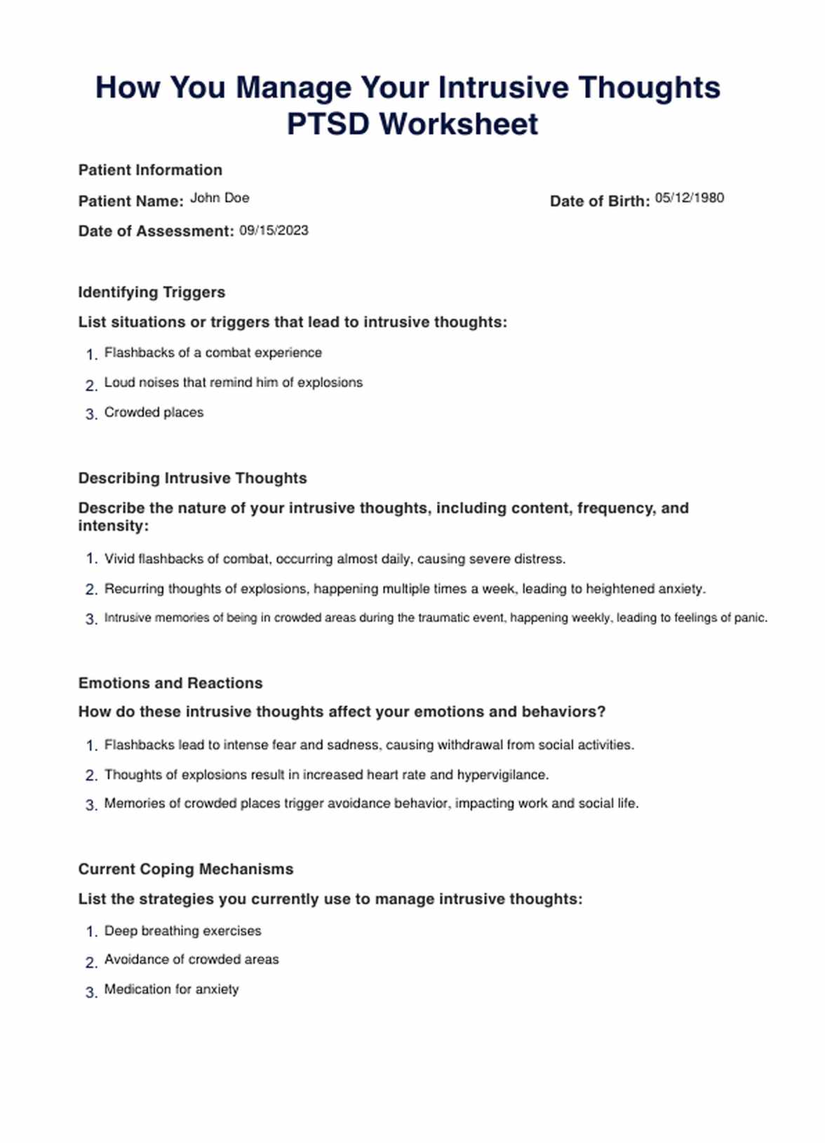 How You Manage Your Intrusive Thoughts PTSD Worksheet PDF Example