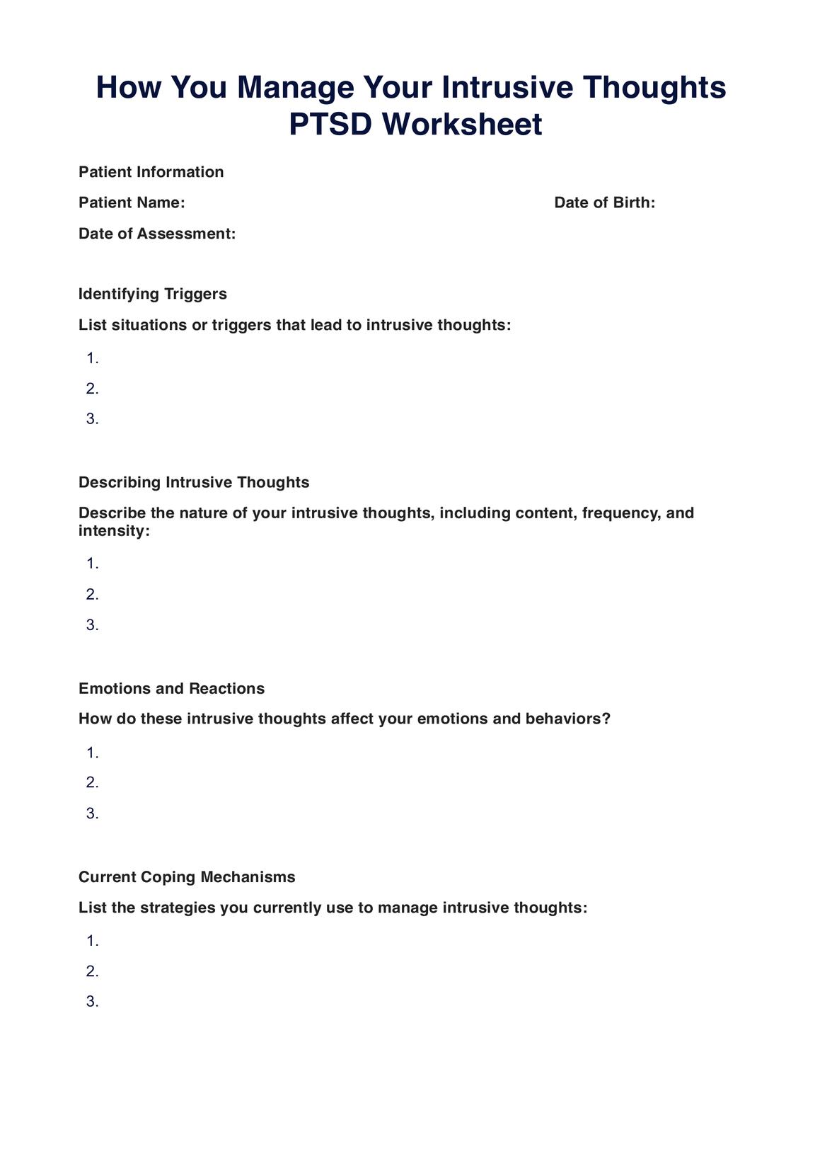 How You Manage Your Intrusive Thoughts PTSD Worksheet PDF Example
