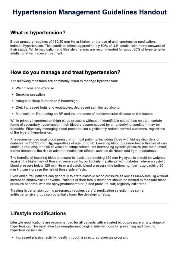 Hypertension Management Guidelines Handout PDF Example