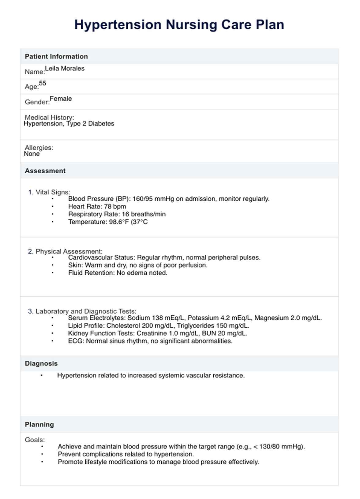 Hypertension Nursing Care Plan PDF Example