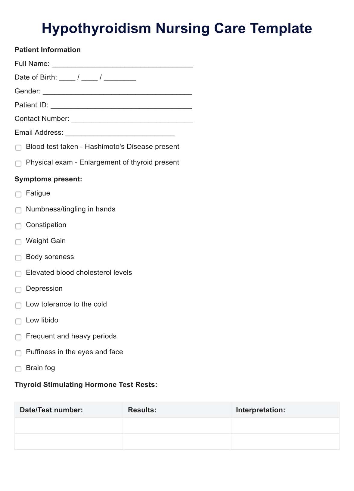 Hypothyroidism Nursing Care Plan PDF Example