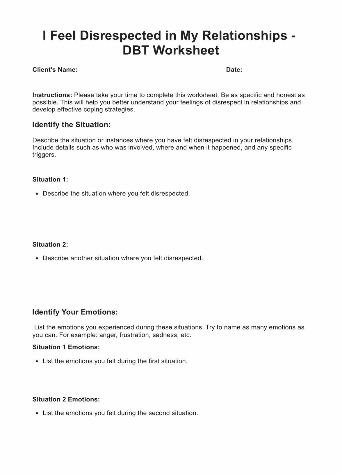 I Feel Disrespected in My Relationships DBT Worksheet PDF Example