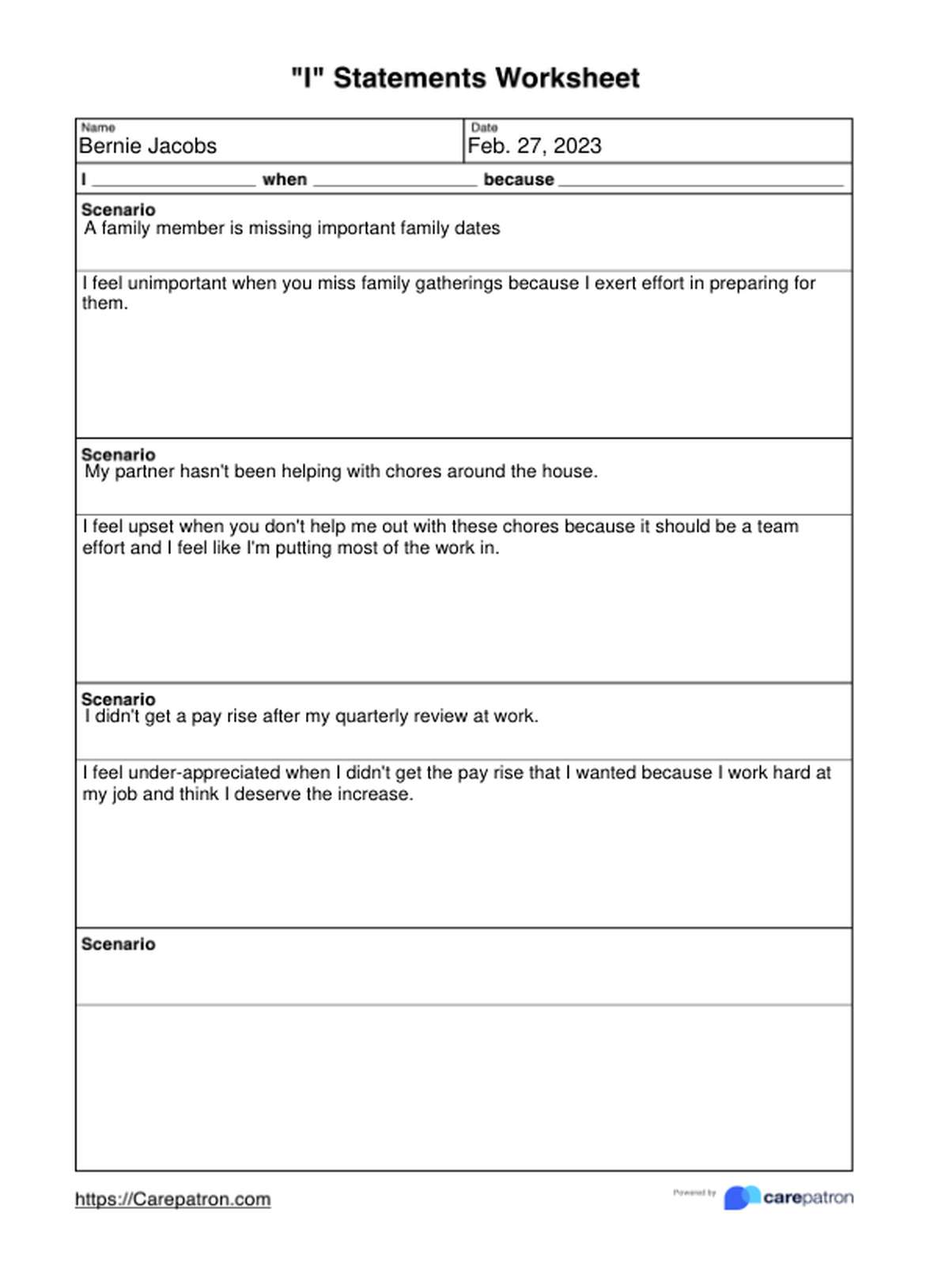 "I" Statements Worksheets PDF Example