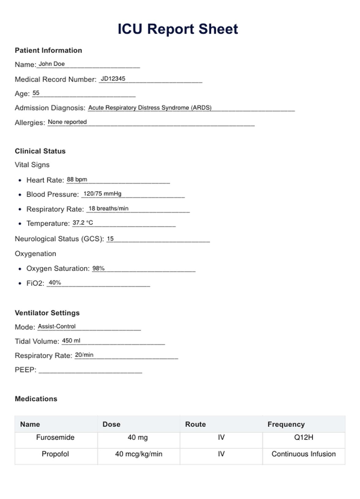 ICU Report Sheet Template PDF Example