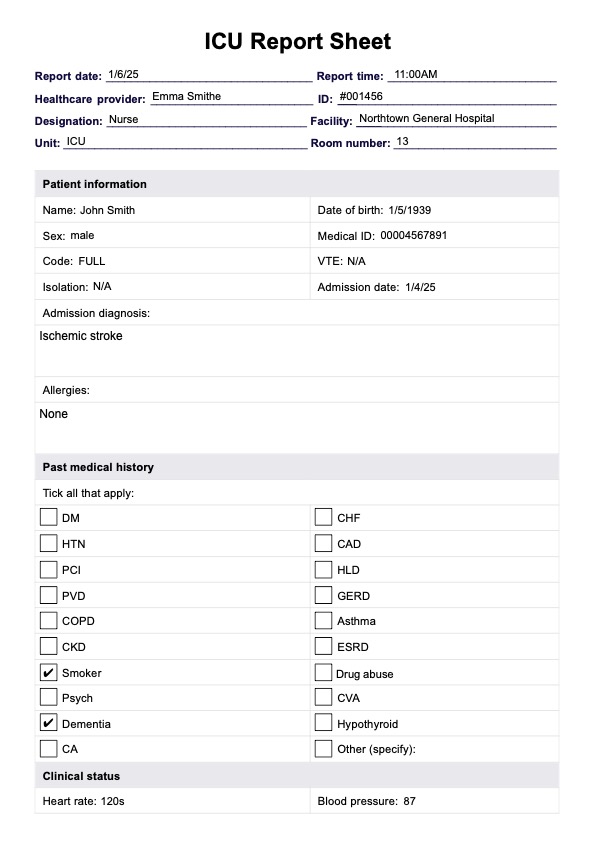 ICU Report Sheet Template PDF Example