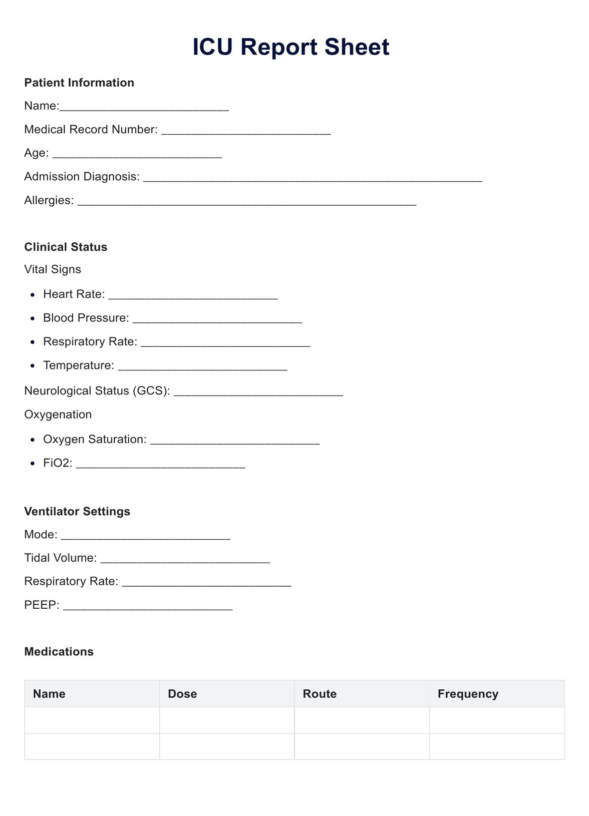 ICU Report Sheet Template PDF Example