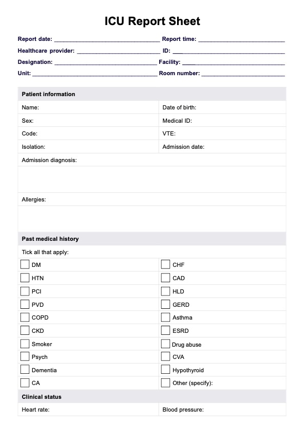 ICU Report Sheet Template PDF Example