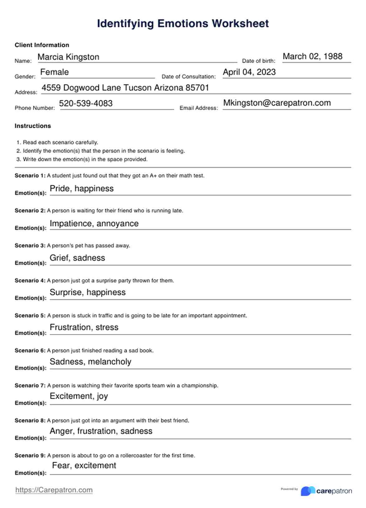 Identifying Emotions Worksheet PDF Example