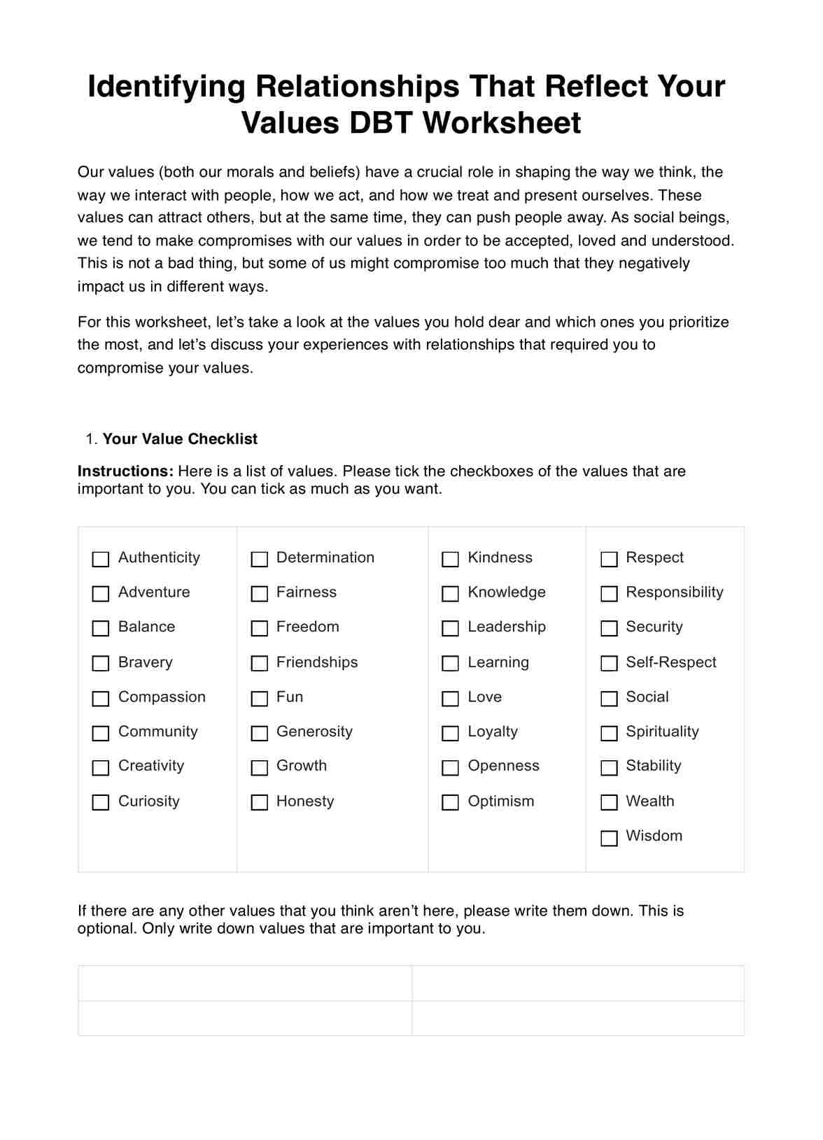 Identifying Relationships That Reflect Your Values DBT Worksheet PDF Example