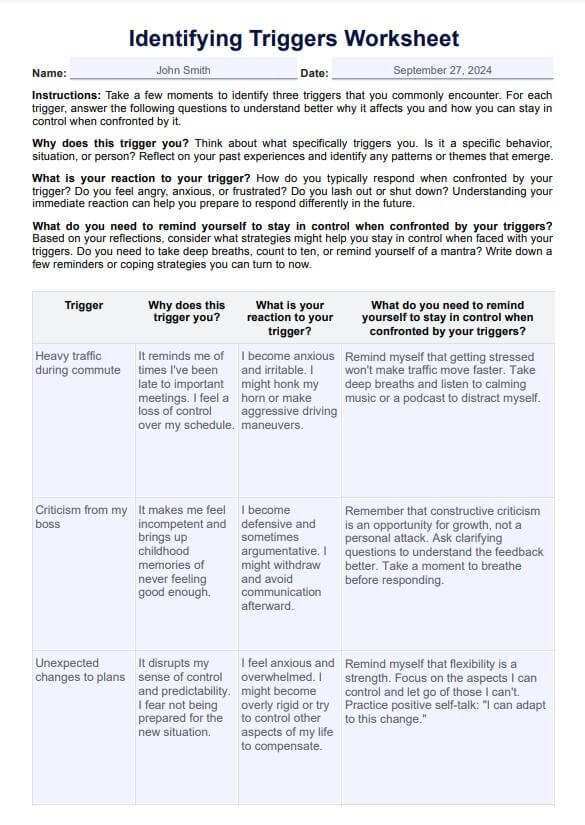 Hoja de ejercicios para identificar desencadenantes PDF Example