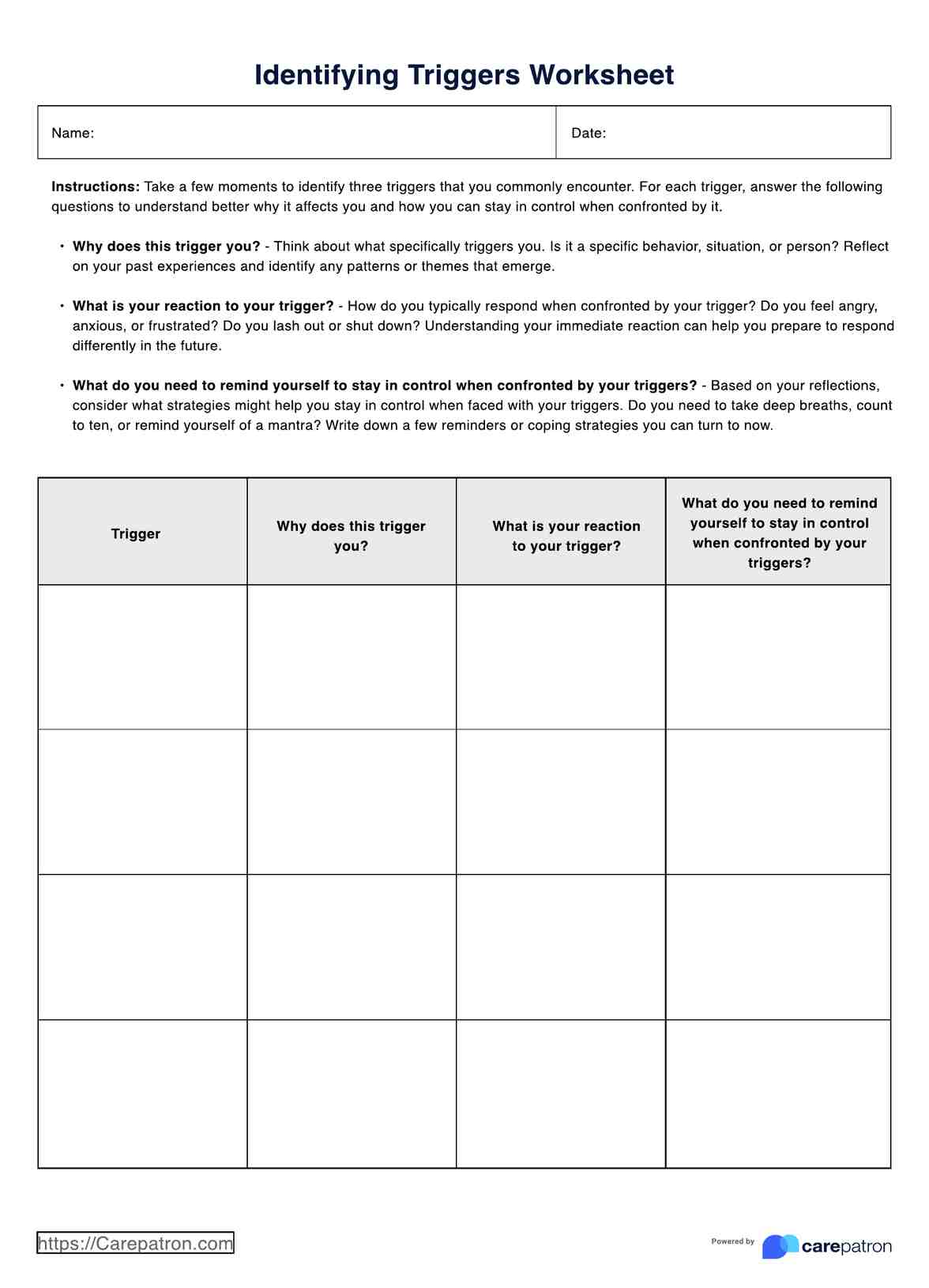 Identifying Triggers Worksheet PDF Example