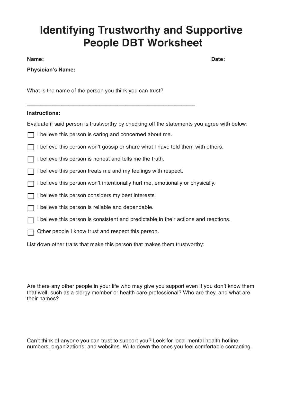 Identifying Trustworthy and Supportive People DBT Worksheet PDF Example