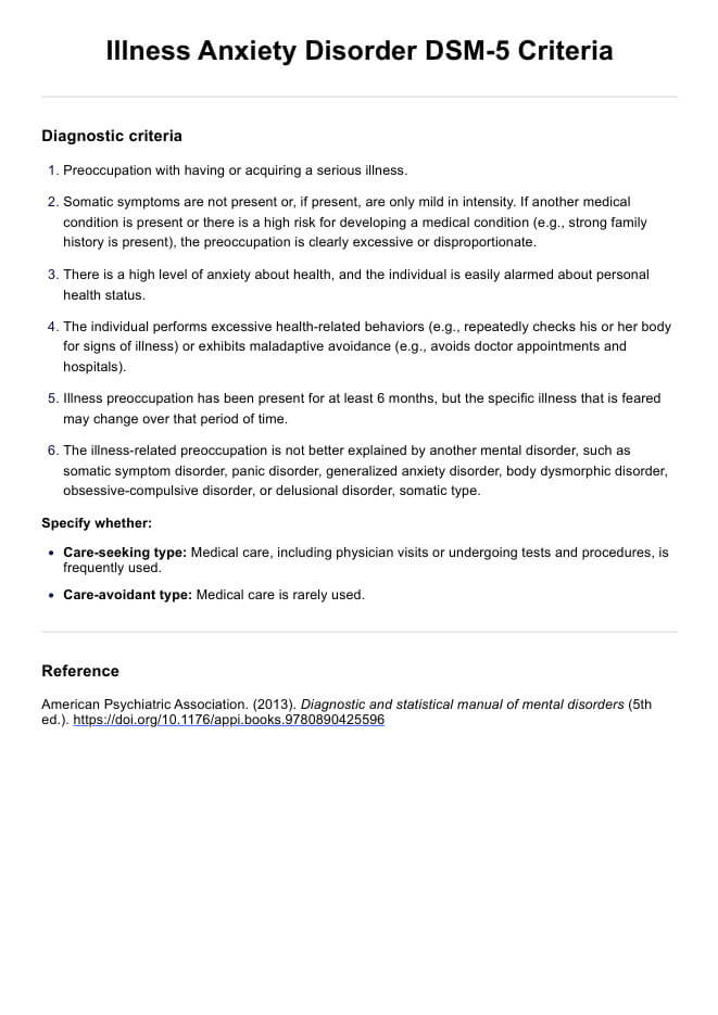 Illness Anxiety Disorder DSM-5 Criteria PDF Example