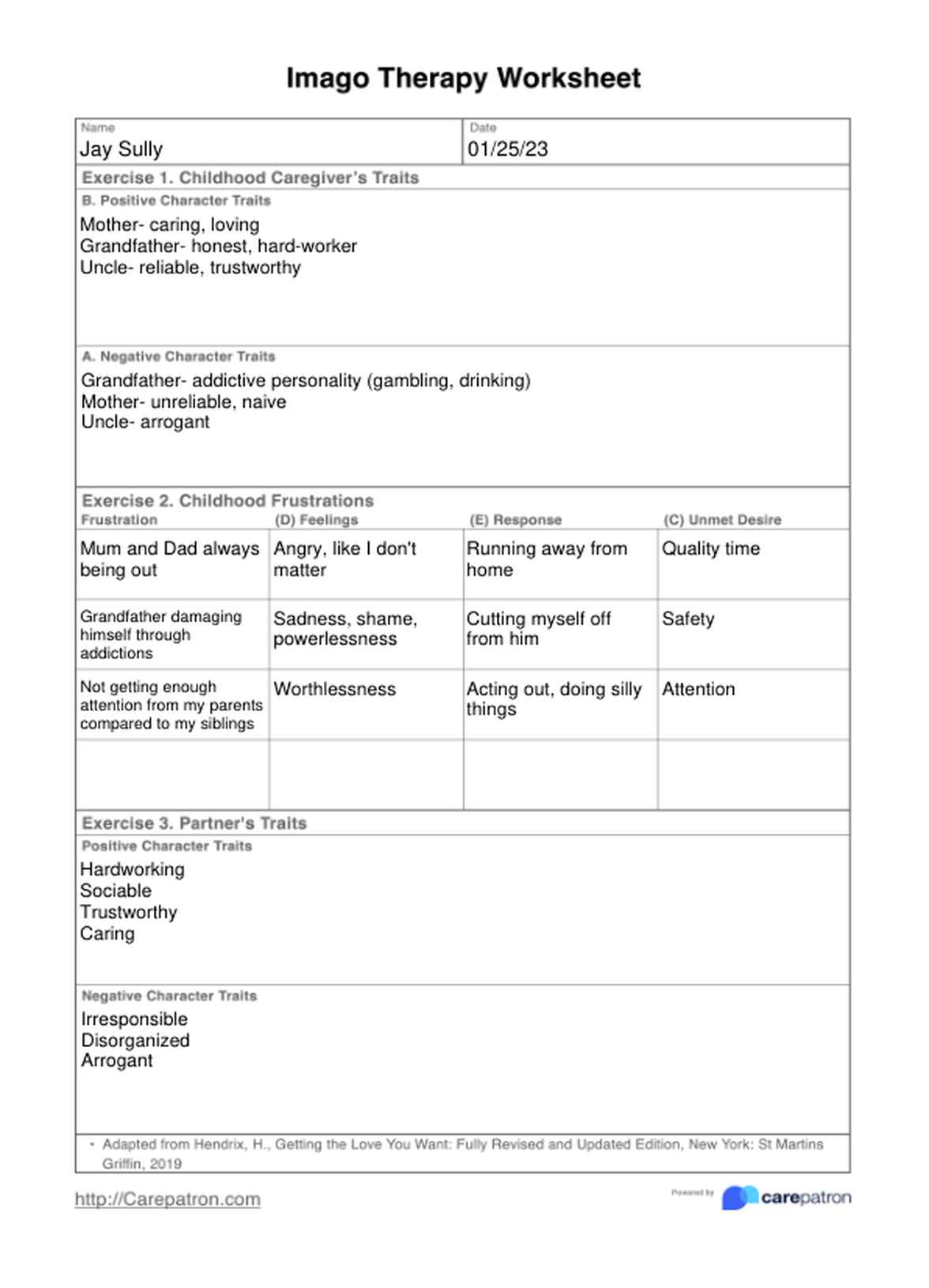 Imago Therapy Worksheets PDF Example