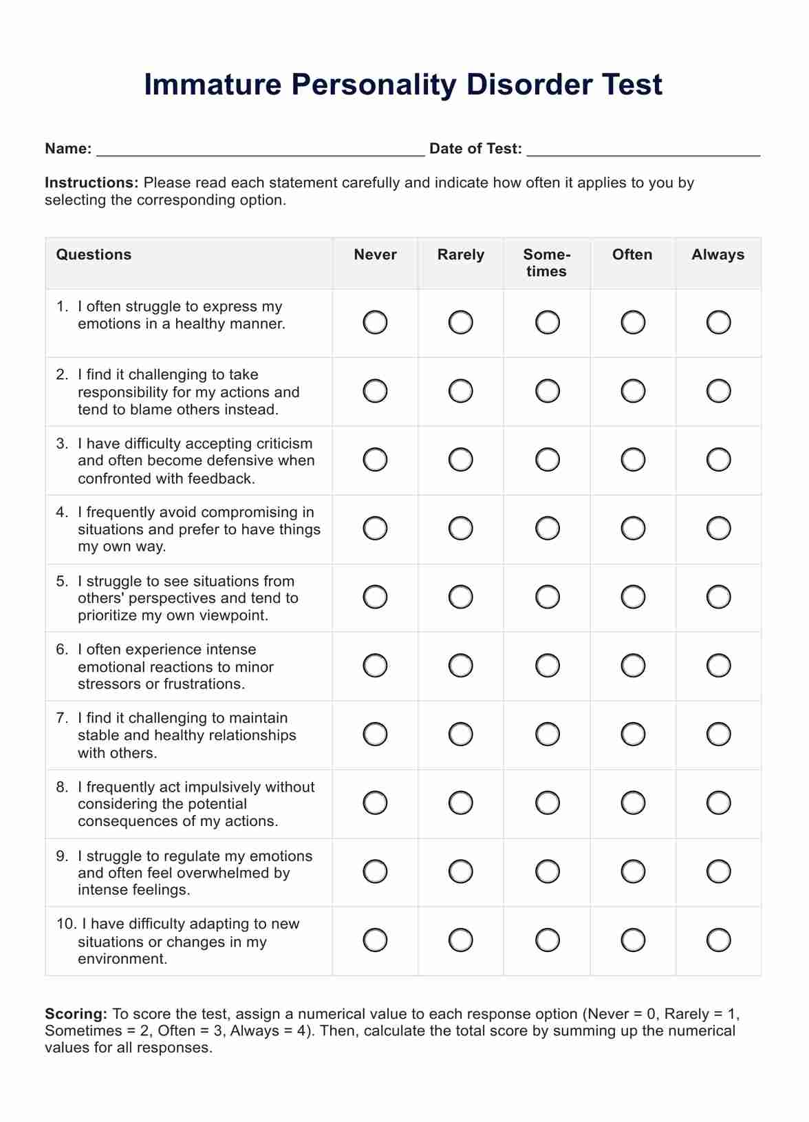 Immature Personality Disorder Test PDF Example