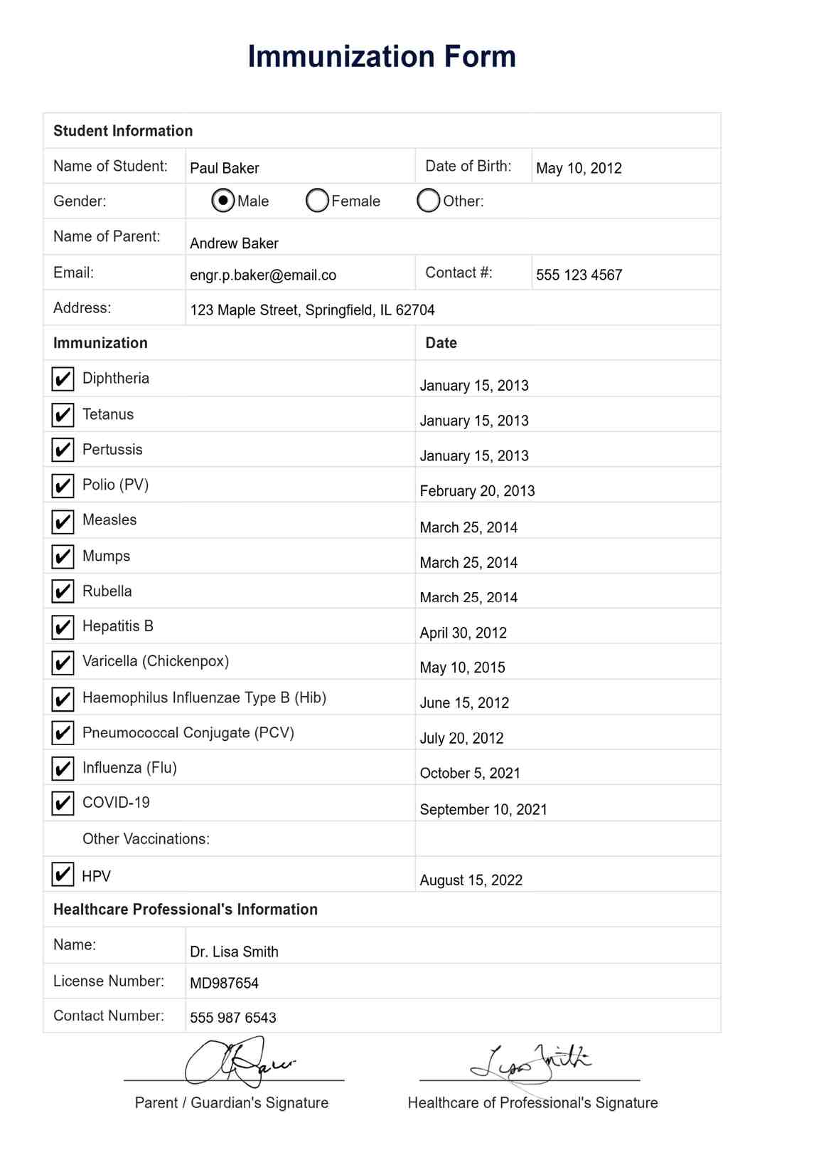 Immunization Form PDF Example