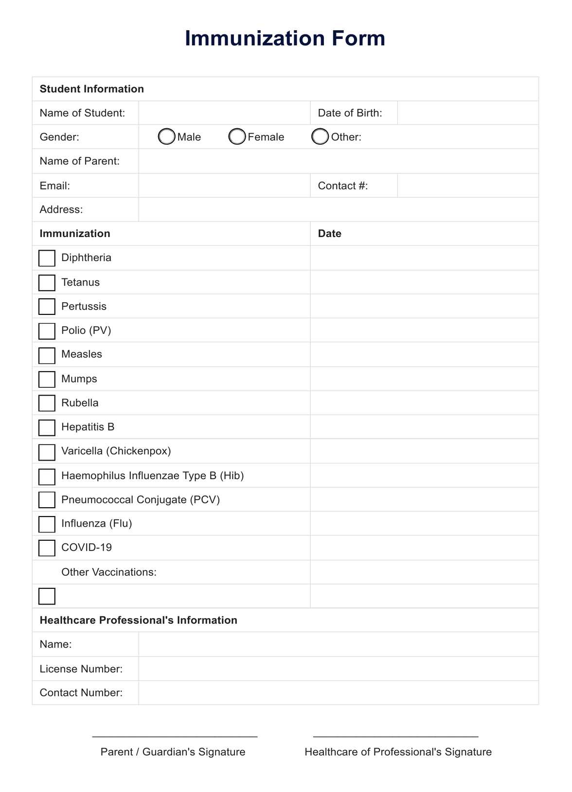 Immunization Form PDF Example