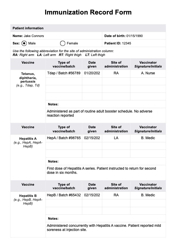 Immunization Record Form PDF Example