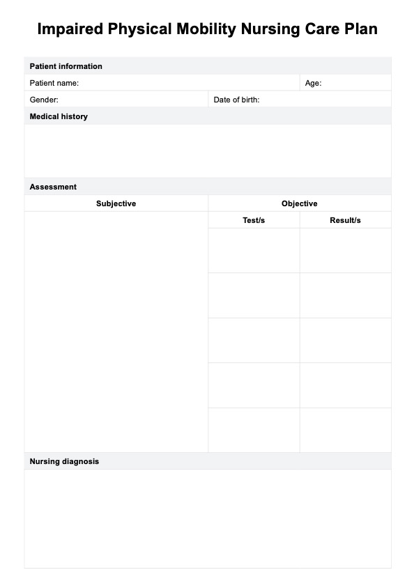 Sygeplejeplan for nedsat fysisk mobilitet PDF Example