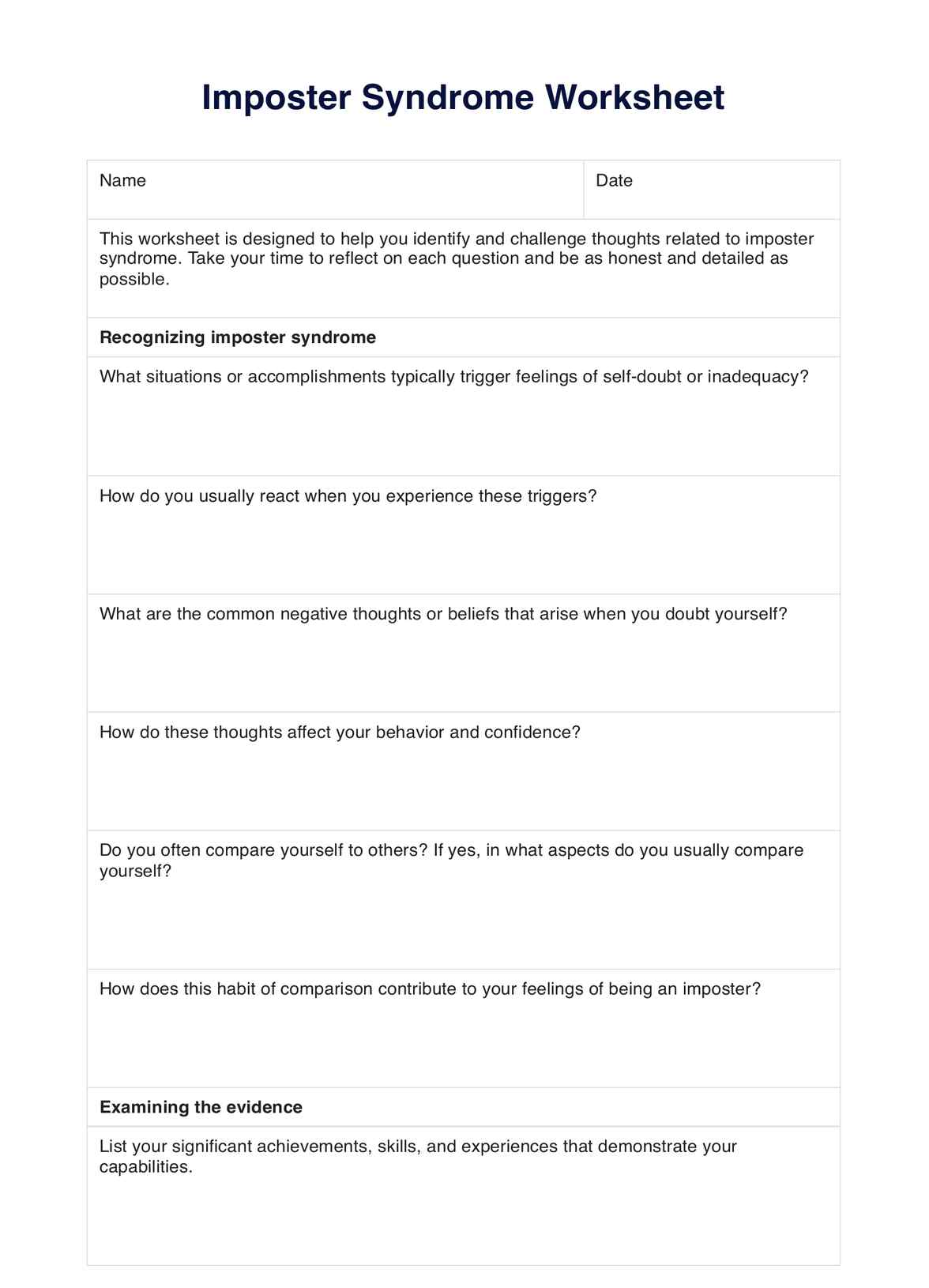 Imposter Syndrome Worksheet PDF Example