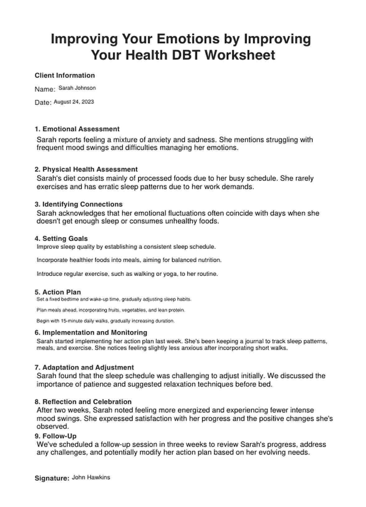 Improving Your Emotions by Improving Your Health DBT Worksheet PDF Example