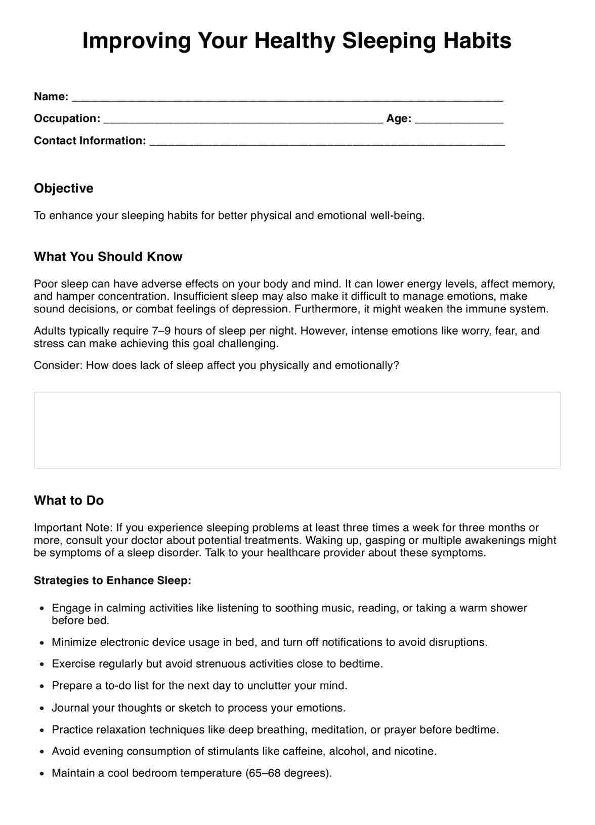 Improving Your Healthy Sleeping Habits DBT Worksheet PDF Example